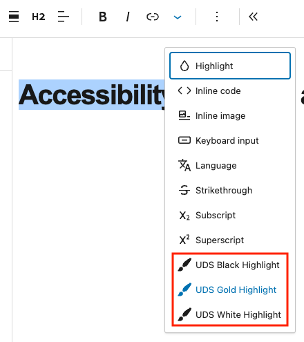 Screenshot of options available in the "more" menu of a WordPress heading block.